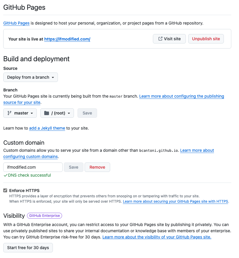 Screenshot of GitHub Pages settings