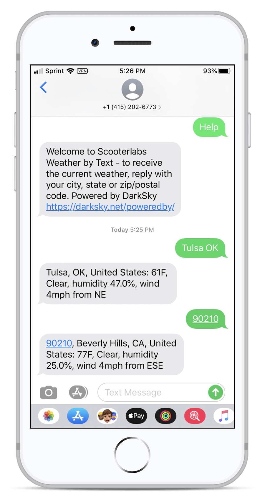 Screenshot of iPhone text messages receiving weather forecasts