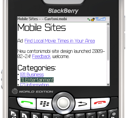 Cantoni.mobi design in 2009 on a Blackberry screen