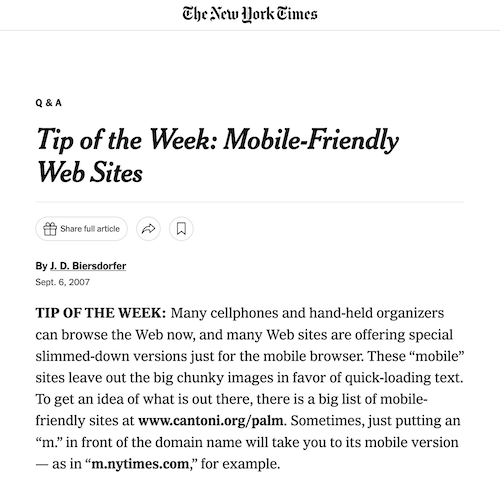 New York Times article screenshot 9/6/2007