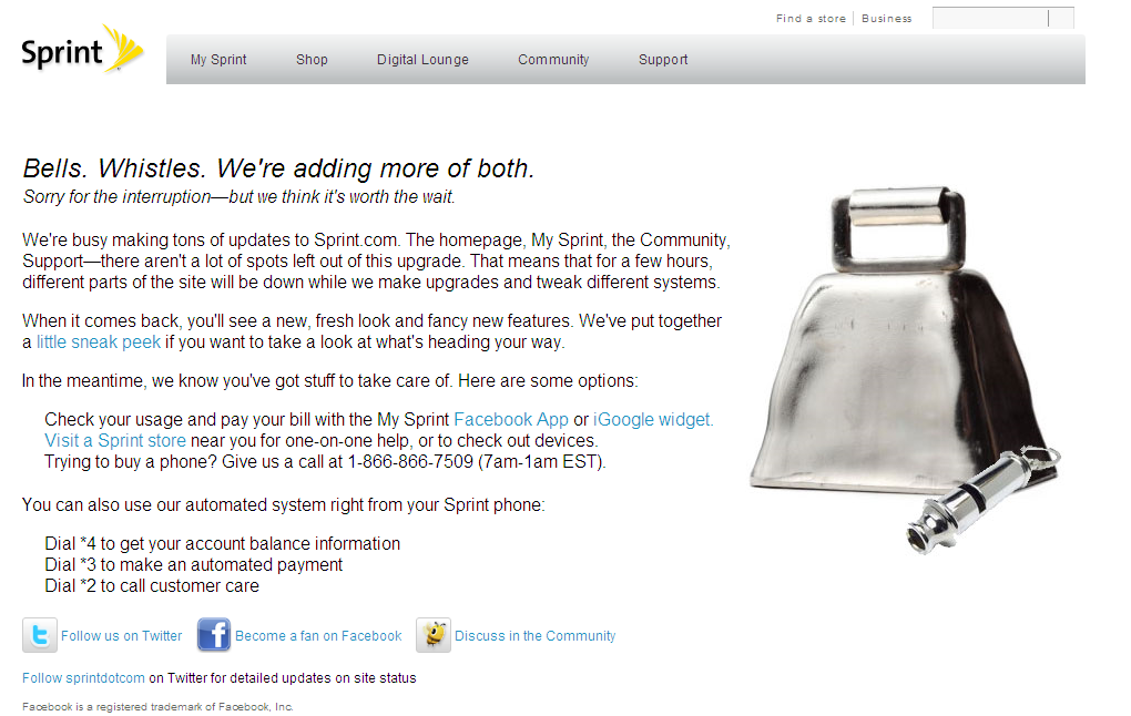 Sprint Website Outage Message